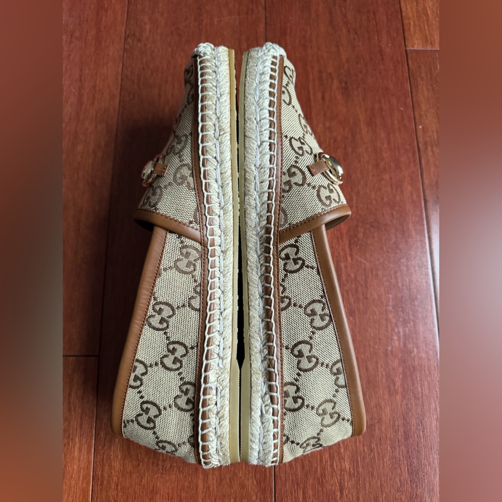 Gucci Pilar Horsebit GG Logo Print Espadrilles Flats Camel Ebony EU39.5 US 9.5 - Picture 4 of 13